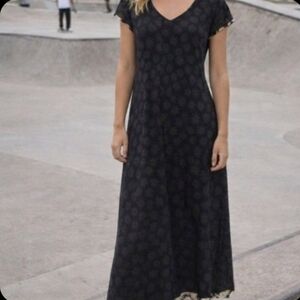 Vintage 90s Express International Maxi Dress Daisy Black Mesh Size 5/6 Flaws